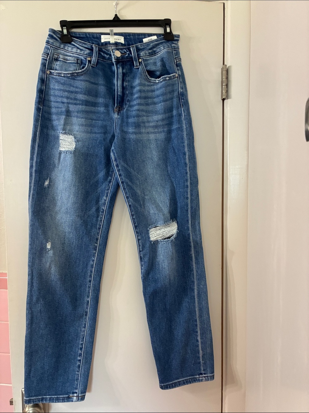 Straight-Leg Distressed Jeans in Mid Blue - Women's